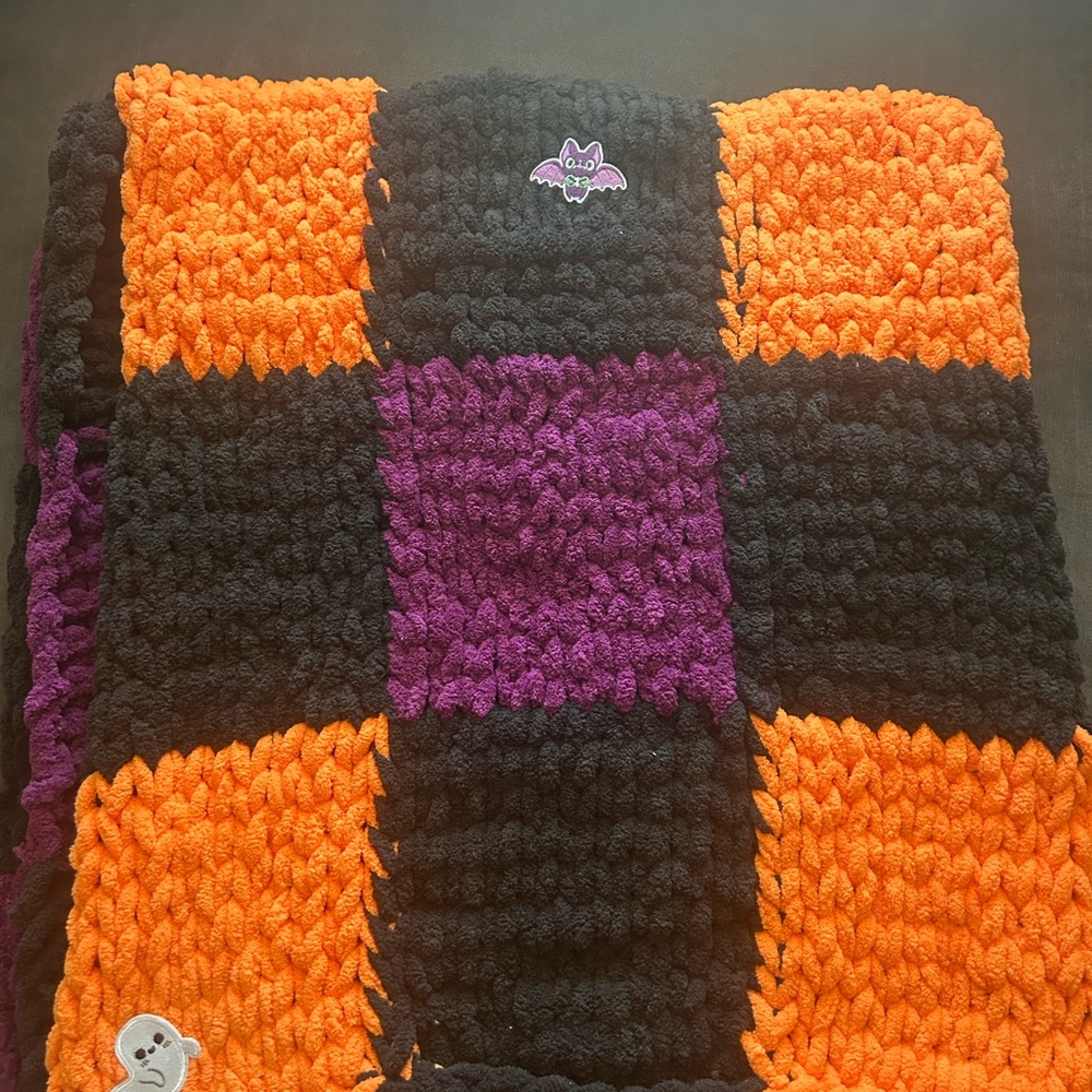 Halloween Crochet Blanket with Bat and Ghost Patches